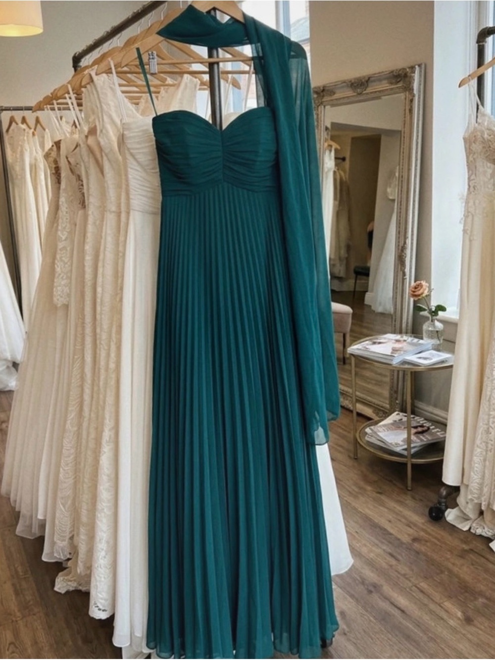 Teal Strapless Pleated Chiffon Maxi Dress with Shawl ( B-new )